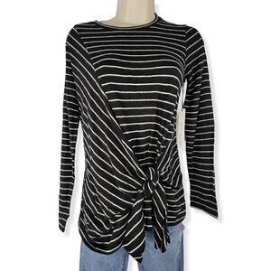 Gibson Striped Tie Front Fleece Sweater PXS